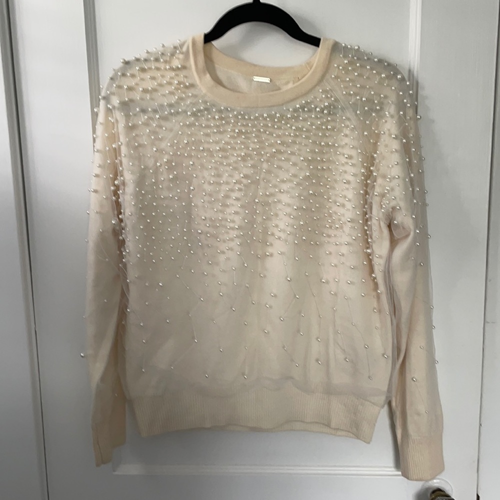 Beautiful merino sweater with mesh, pearl overlay